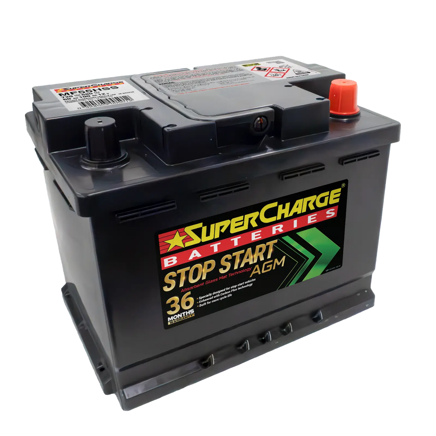 SUPERCHARGE MF55HSS AGM BATTERY 36 MTH WARRANTY / 12 MTH COMMERCIAL
